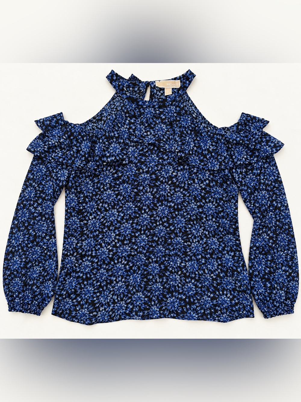 Michael Kors Blue Floral Cold Shoulder Blouse Size M